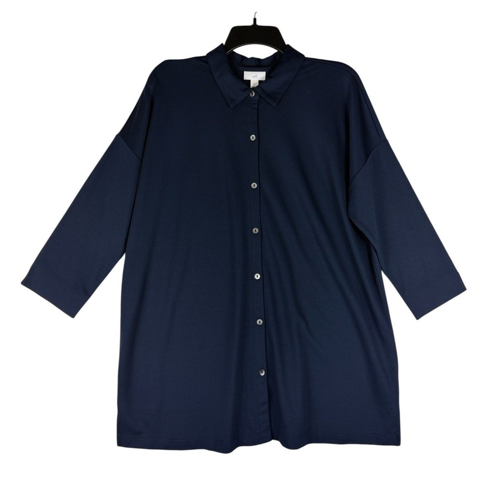 J. Jill Navy Blue Button Down Tunic Shirt 3/4 Sleeve Rayon Blend 226081 Womens M